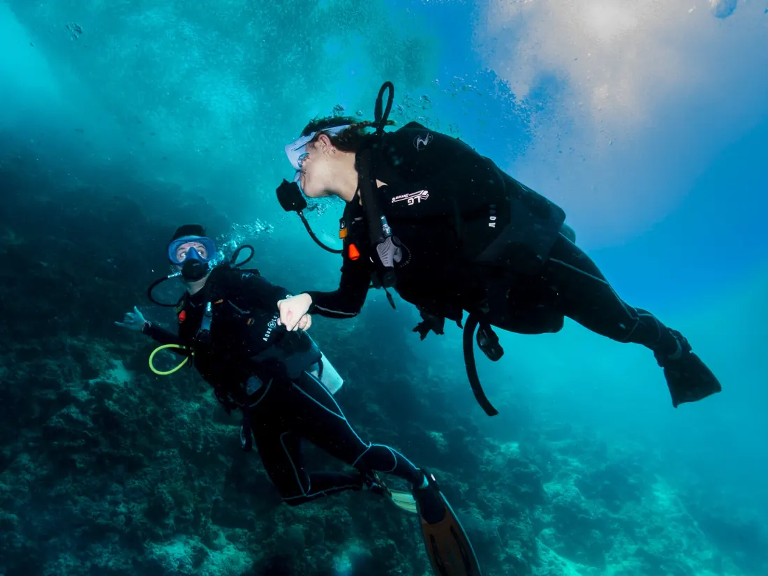 One diver holding another in the water