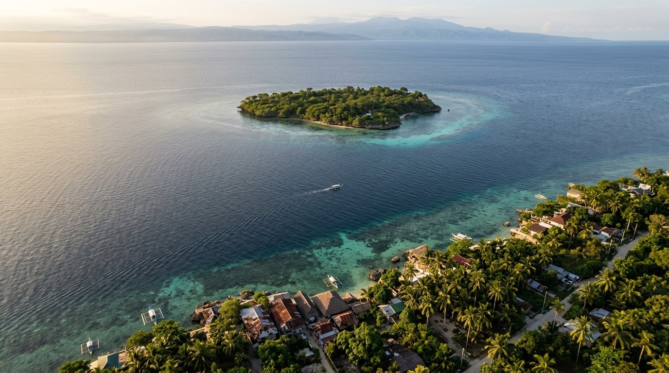 Vista aérea de Panagsama, Moalboal, con Pescador Island frente a la costa